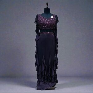 Elegant Purple Women's ruffled Skirt with crop top and ruffle sleeves